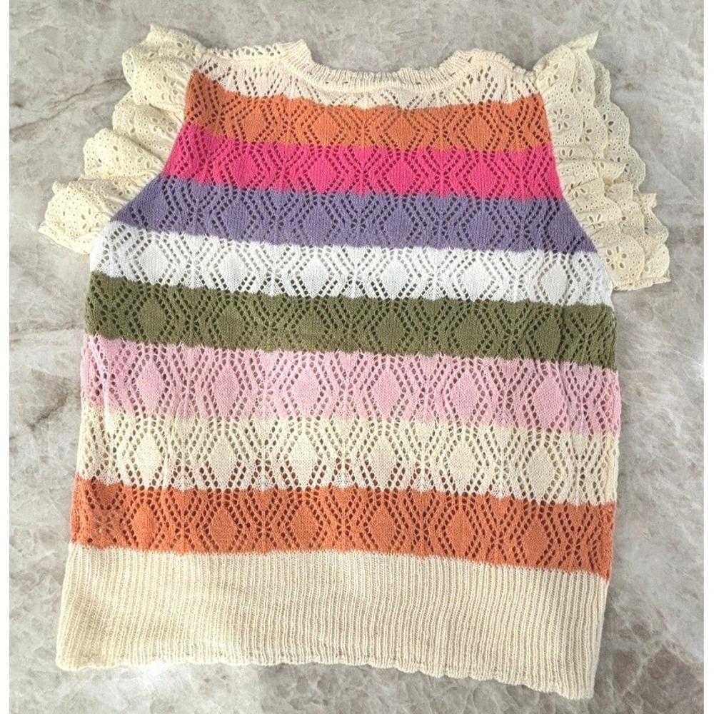 Bibi Cozy Color-Block Open-Knit Sweater Top w/ Ruffle Sleeves, XL - Picture 6 of 6